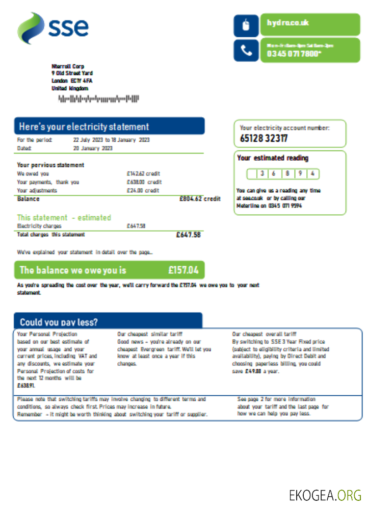 Facture commerciale de service public SSE Energy, SCR 1 template Facture commerciale de service public SSE Energy, SCR 1 template